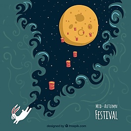 隨著滿月和兔子的夜景，中秋節(jié)