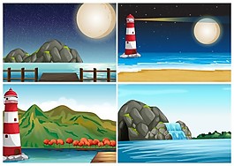 四個場景的燈塔和海洋的插圖