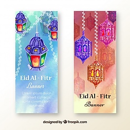 水彩畫(huà)的橫幅與漂亮的開(kāi)齋節(jié)燈