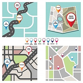 五顏六色的針指向重要公共區(qū)域的路線圖