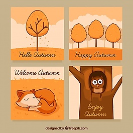 可愛的秋季動物和動物卡片
