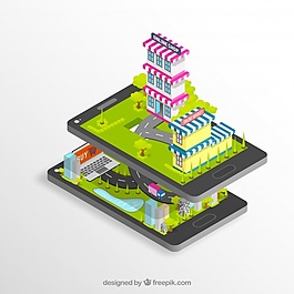 電話(huà)屏幕上的等距購(gòu)物中心