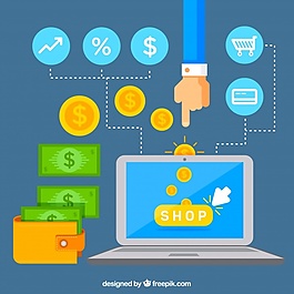 筆記本電腦，金錢和購物與平面設(shè)計