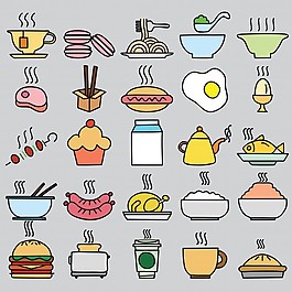 一套丰富多彩的食物图标。矢量插画