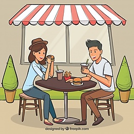 手绘的年轻夫妇在户外吃汉堡