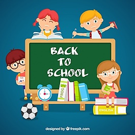 学生、黑板和学校材料
