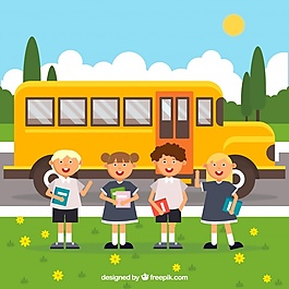 校車和平面設計學生的笑臉