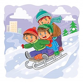 三個小男孩滾在一起，從山上的雪橇