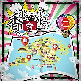 手绘矢量旅游香港景点地图放射线条海报背景