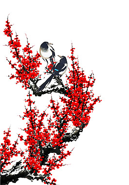 一支紅梅和鳥png元素素材
