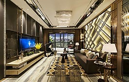 現(xiàn)代時尚客廳亮金色背景墻室內(nèi)裝修效果圖