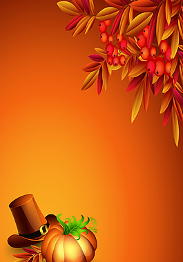 橘黄色树叶下的南瓜和帽子背景