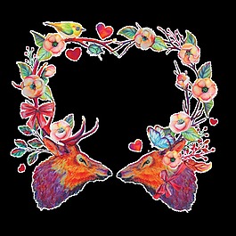 橘粉色梅花鹿手繪花環(huán)透明素材