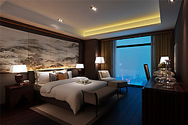 現代時尚臥室山水畫裝飾室內裝修效果圖