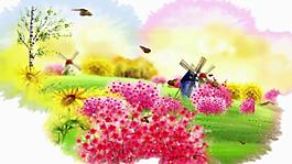 粉色水墨鮮花綠地動畫視頻素材