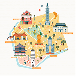 卡通創(chuàng)意旅行建筑地圖插畫