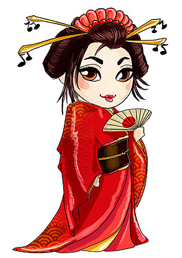 手绘卡通红裙艺妓免抠png透明图层素材