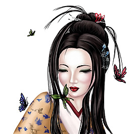 手绘漂亮艺妓插画免抠png透明图层素材
