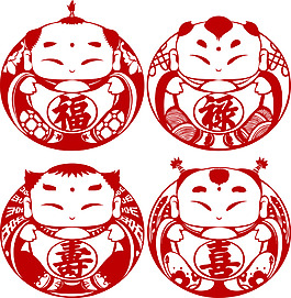 喜慶剪紙福祿壽喜png元素素材