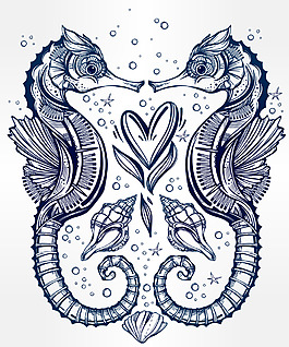 手繪雙子海馬插畫