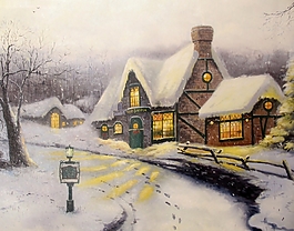 溫暖的雪地里的小屋裝飾畫