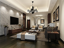 新中式時尚輕奢風(fēng)格客廳電視背景墻效果圖