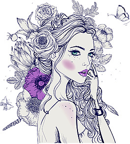 花卉蝴蝶女性插畫圖片