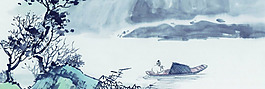 手繪小船大樹banner背景素材