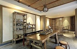 中式古典木質餐桌餐廳裝修效果圖