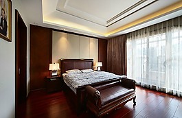 中式時尚室內(nèi)臥室大床效果圖