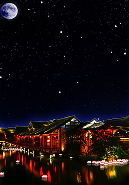 唯美星空小鎮河燈風景海報