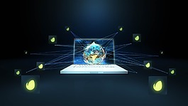 筆記本電腦前的全息球狀和網(wǎng)絡(luò)特效AE模板