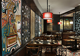 中式室內(nèi)餐廳餐桌背景墻效果圖