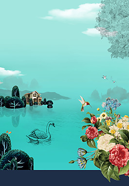 小清新花鳥湖泊背景