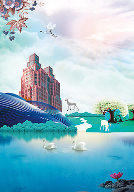 簡約建筑湖泊背景