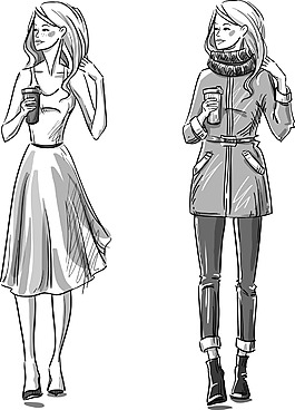 手绘喝咖啡的女性插画