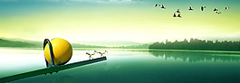 清新綠色湖泊風景banner背景素材