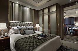 现代时尚卧室褐色背景墙室内装修效果图
