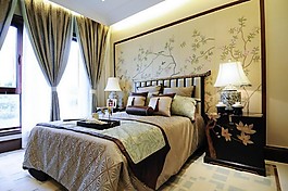 中式温馨卧室金色窗帘室内装修效果图