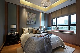 中式混搭深藍(lán)色背景墻臥室室內(nèi)效果圖