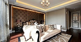現(xiàn)代輕奢臥室深色花紋背景墻室內(nèi)裝修效果圖