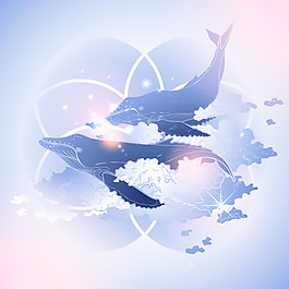 藍色時尚唯美海豚插畫