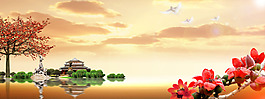 紅色花朵大樹banner背景素材