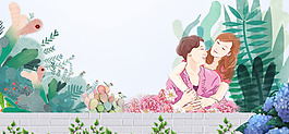 手繪母女綠色樹葉banner背景素材