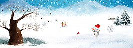 卡通雪人大樹banner背景素材