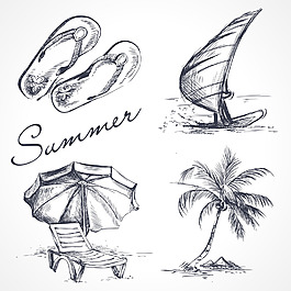 素描手繪夏天度假用品插畫