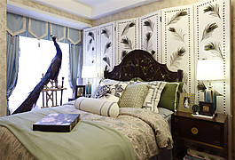 北歐墻紙床效果圖