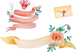 水彩繪玫瑰和絲帶插畫
