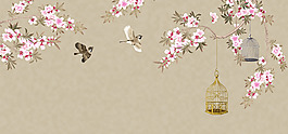 粉色花朵小鳥banner背景素材