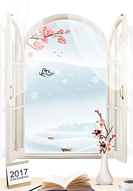 小清新雪花窗戶背景